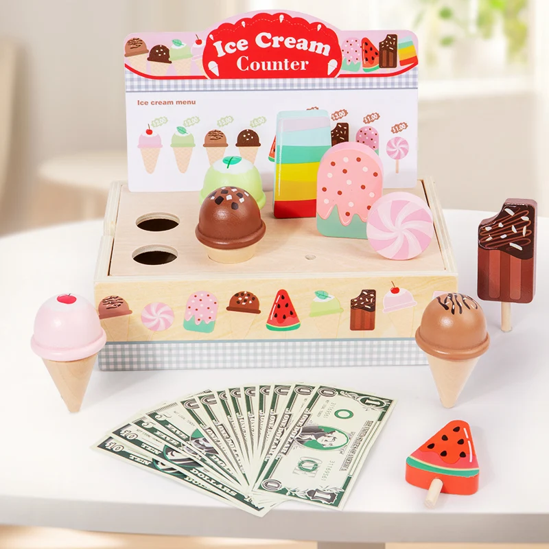 Wooden Ice Cream Counter Playset for Toddler Toys, Montessori Pretend Play Food Toys Kitchen early childhood education
