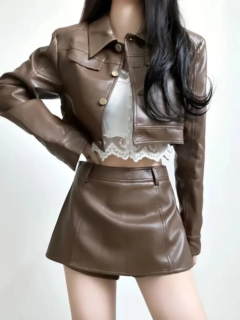 Retro Polo Collar Leather Coat Skirt Two Piece Set Women Cool Temperament Solid Single Breasted Fashion Short Slim Spring Suit