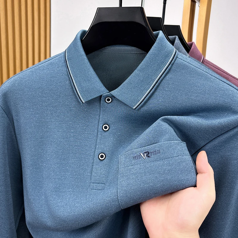Fashion New Pocket Men Polo Shirt Autumn Solid Color Containing Cotton Long Sleeve Pullover Tops Casual Versatile Men's Clothing