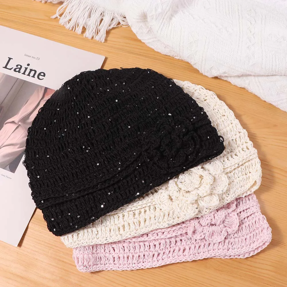 

Retro Handmade Crochet Flower Hat Hollow Bling bling Beanies Hat Glitter Wool Hat Sequin Knitted Hat Outdoor