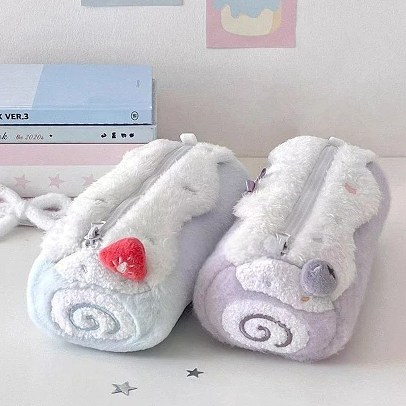 1PC Cute Cream  Roll Plush Pencil Case Large Capacity School Student Stationery Storage Bag