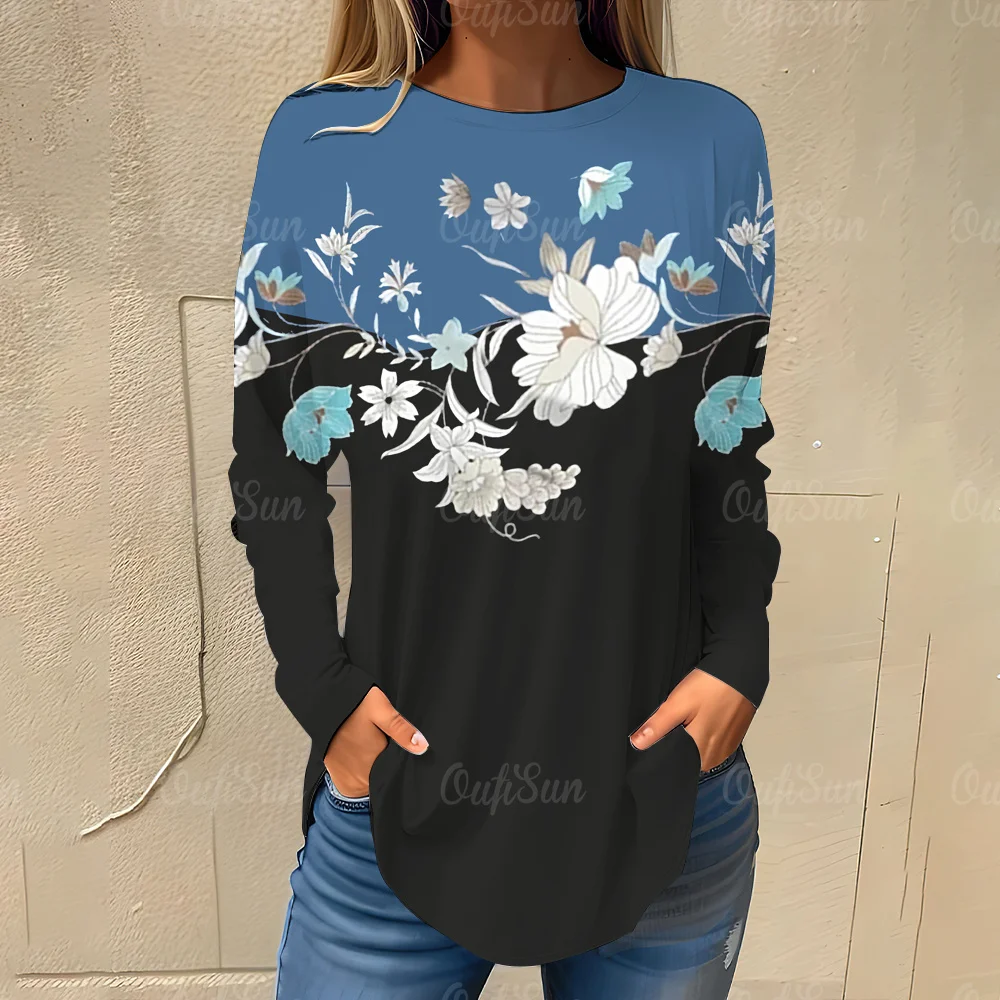 Womens Fashion Floral T-Shirt Black White Long Sleeve Shirt Loose Casual Streetwear Tops Trendy Ladies Fashion Rules Print Tops