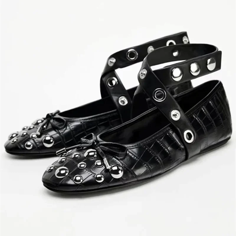 Zapatos planos de Ballet con decoración de lazo y remaches para mujer, estilo Punk, correa de cuero suave, zapatos Mary Jane para mujer, zapatos informales de baile acogedores