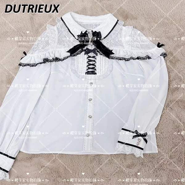 Spring Popular Mine Series Mass-produced Japanese Sweet Girls Shirt Versatile Bow Lace Splicing Blouse Long-sleeved Top