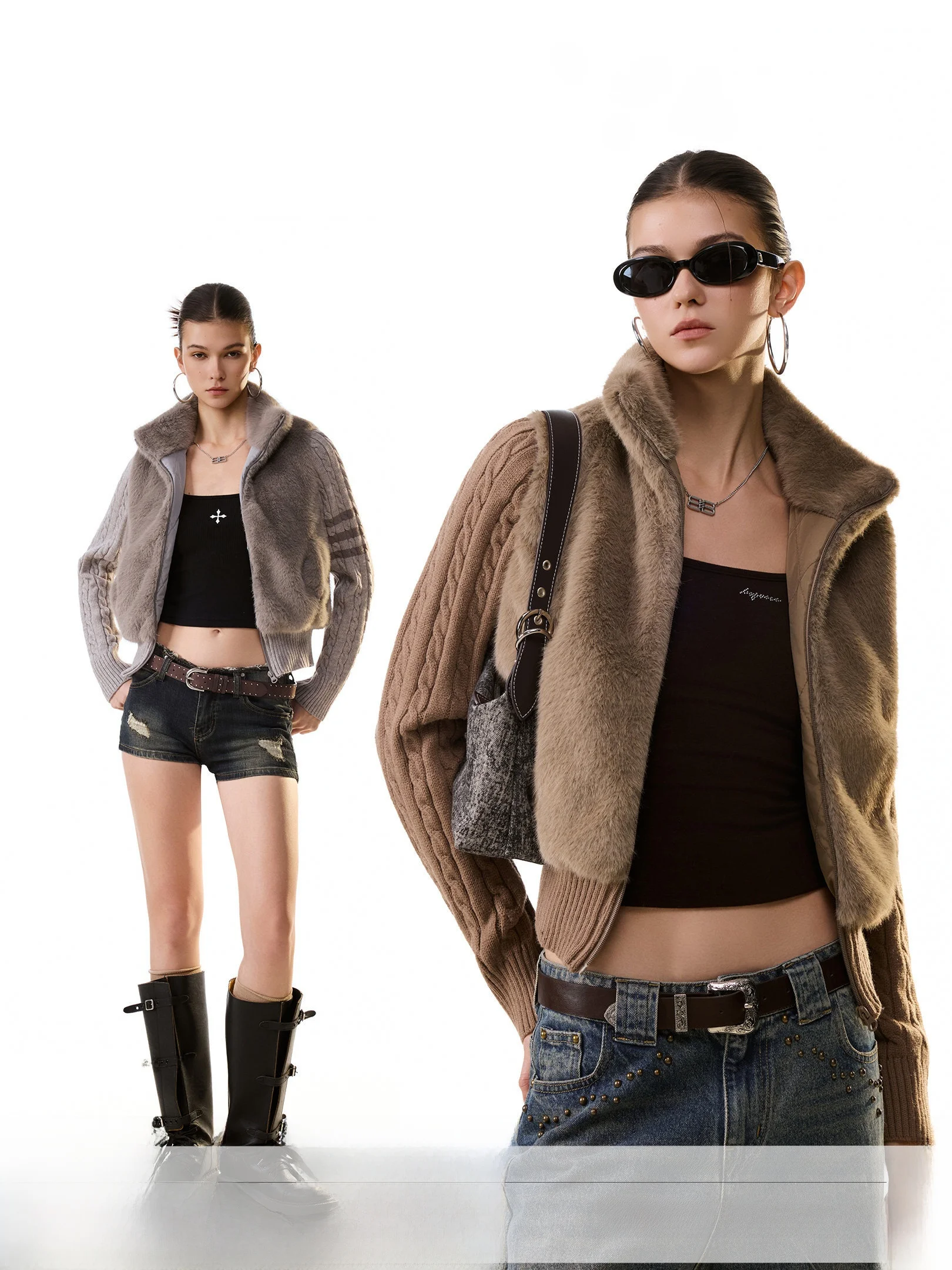 Ich Mode Women's Short Knitted Cotton Jacket Winter Casual Style Fur Trimmed Top Eco-Friendly Polyester Fiber Zipper Closure