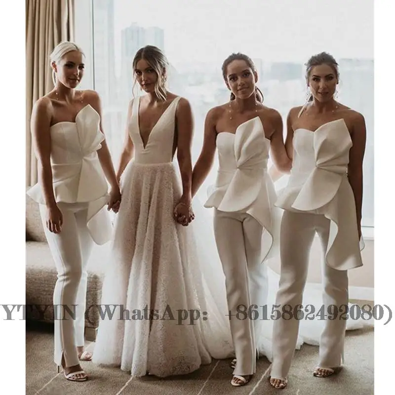 

Strapless Beach Bridesmaid Jumpsuit Modest Peplum Ruffles Backless Outdoor Garden Junior Bridesmaid Pant Suit