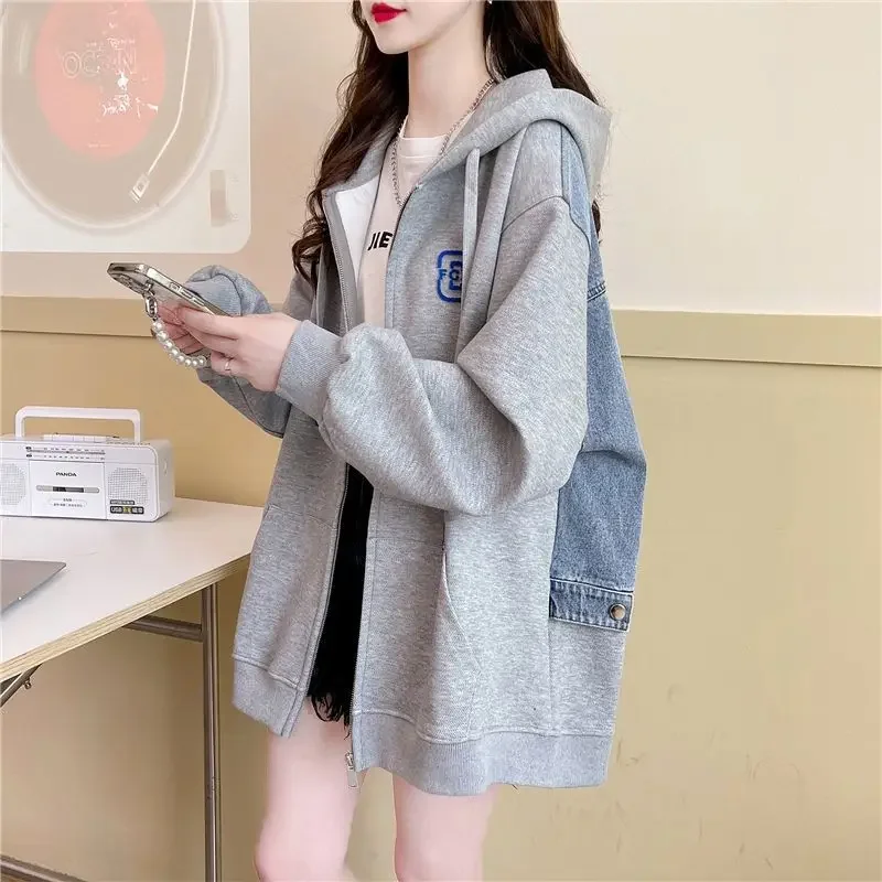 With Zipper Baggy Black Woman Clothing Full Zip Up Hooded Grey Long Splicing Hoodies Women\'s Sweatshirt Top Loose Matching Kpop