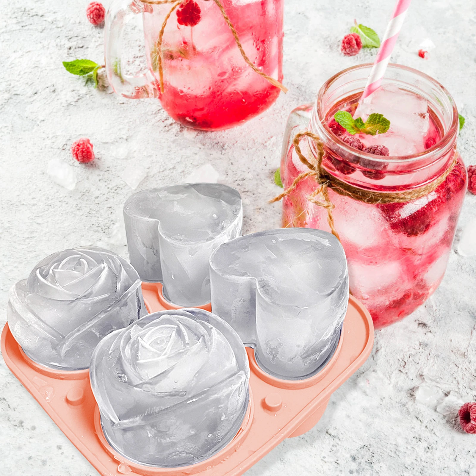 

Silicone Ice Cube Tray Large Ice Ball Mold Freezer Rose Heart-Shaped Easy to Clean Reusable Portable for DIY Treats