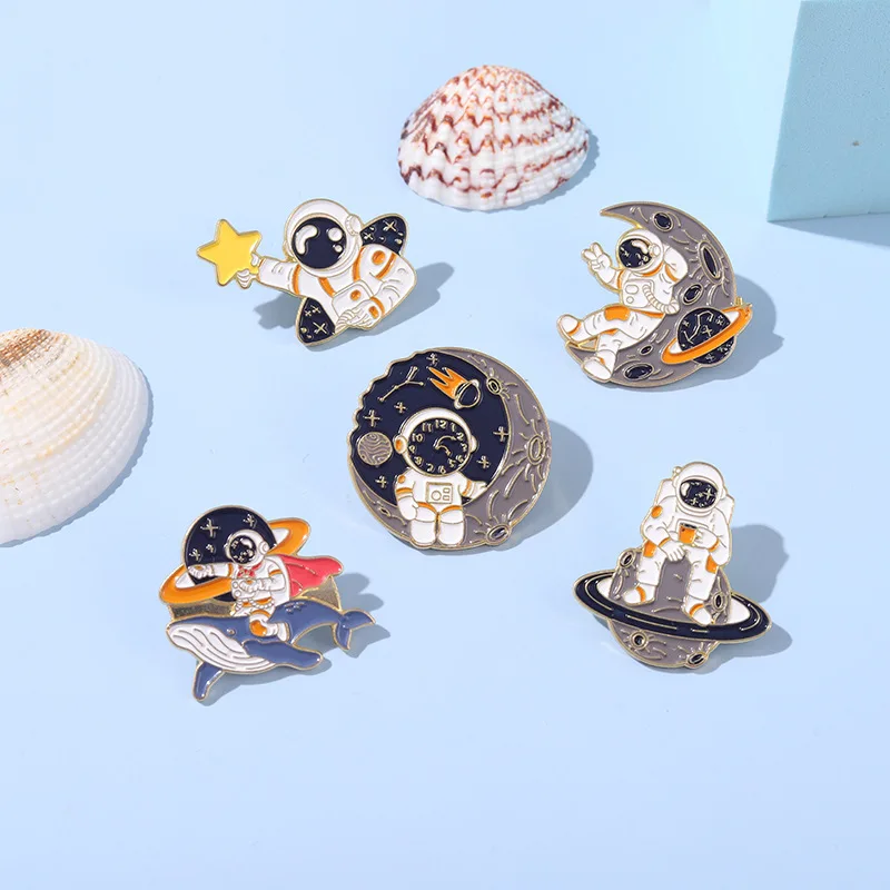 Astronaut Enamel Pins Planet Rocket Whale Star Moon Galaxy Coffee Metal Brooches Badges Pins up Gift for Space Lover