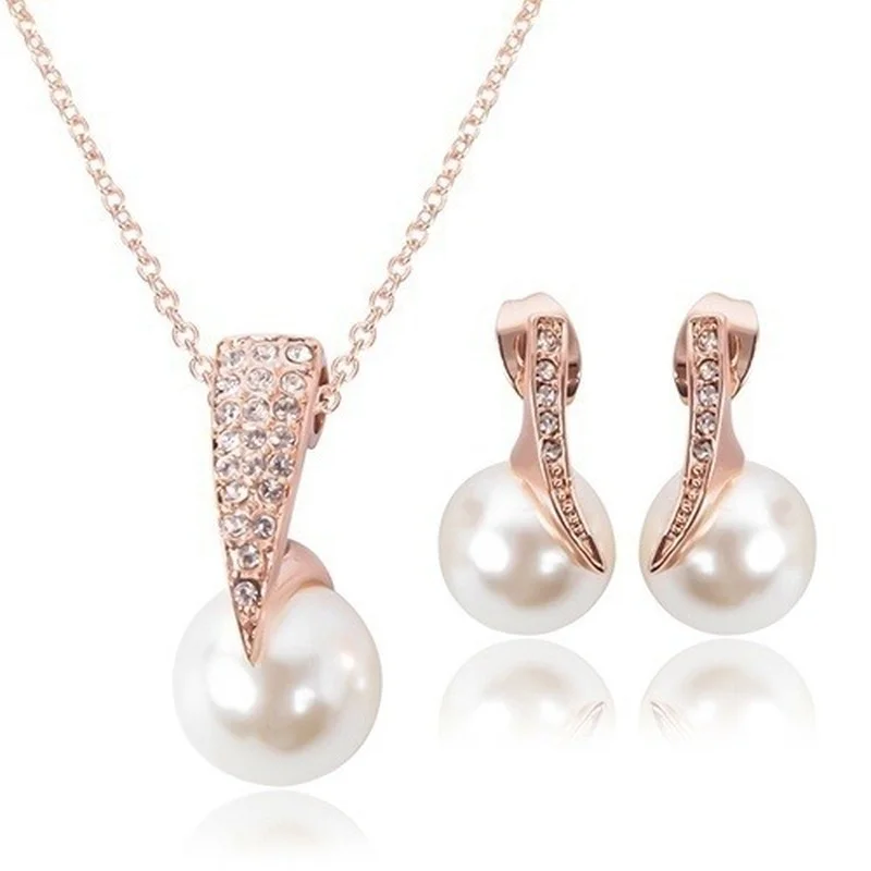 3pcs Women Trendy Pearl Earrings Necklace Jewelry Set Superior Quality Rhinestones Bride Party Earring