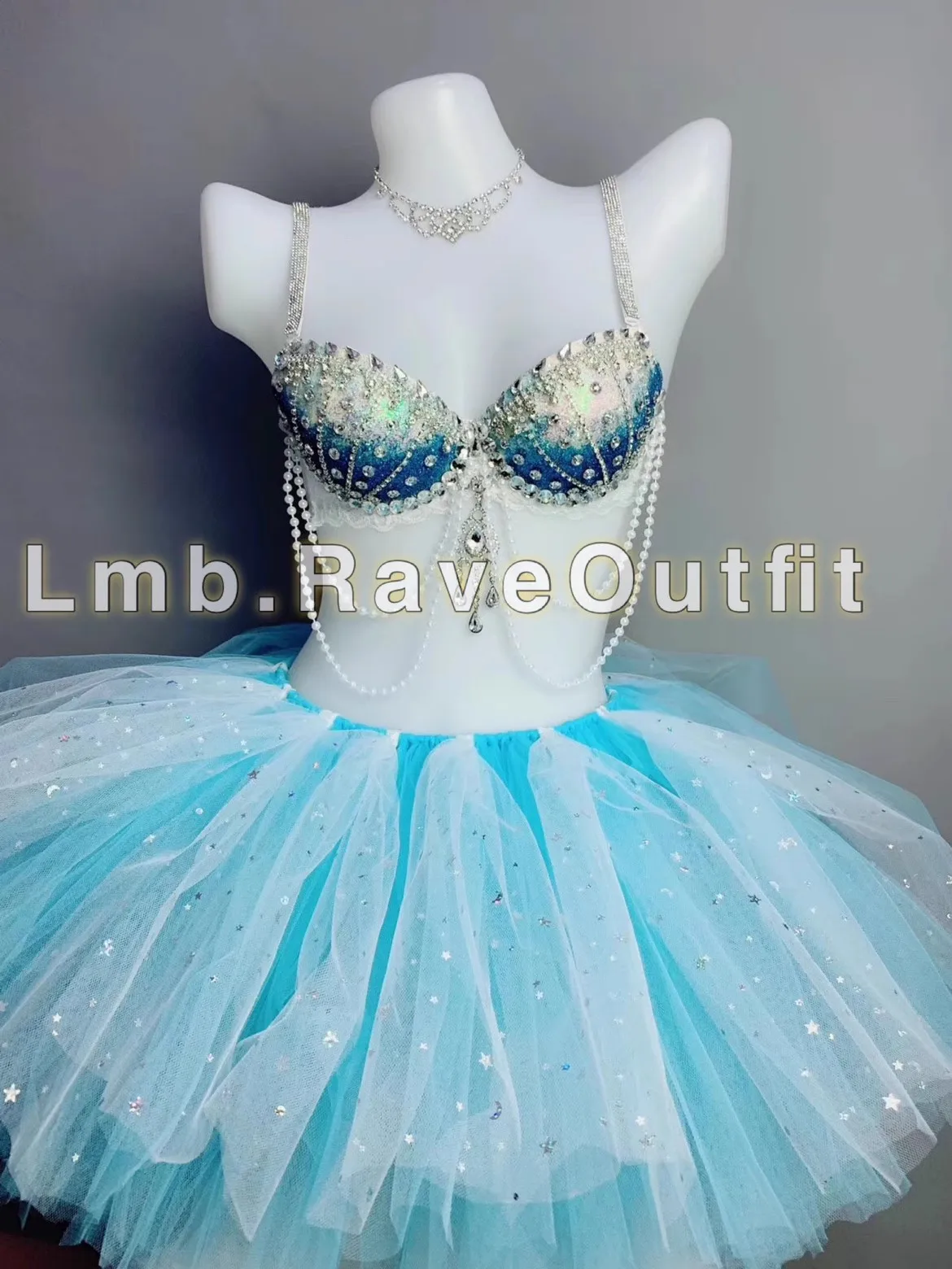 

Gradient Blue Glitter Flash Diamond Pearl Tassel Top+Tutu Skirt Sexy Outfit Nightclub Bar Prom Party Rave Singer Dance Stage Set