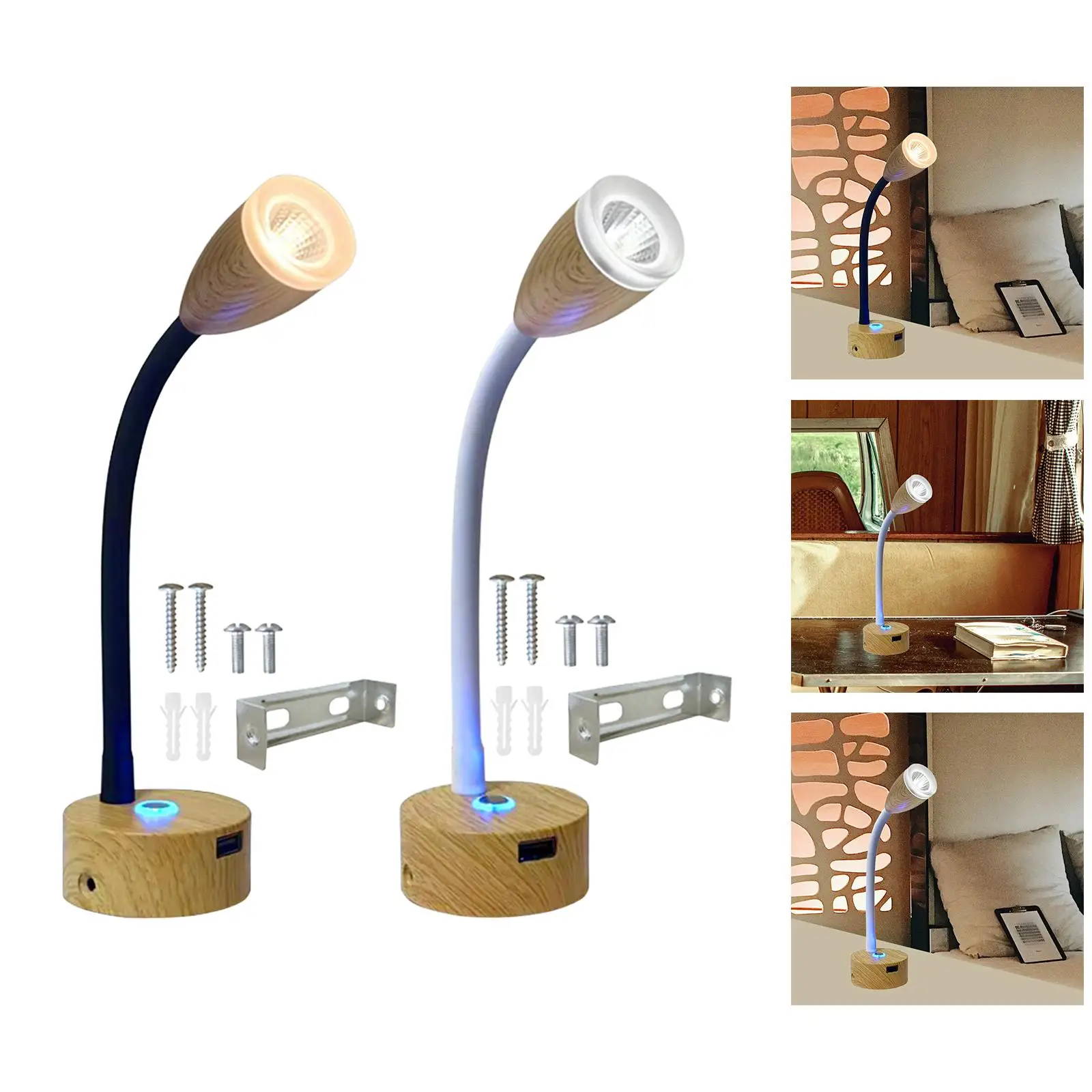Dimmable RV LED Reading Light Aluminum Gooseneck Lamp for Camper Van Boat Bedside USB