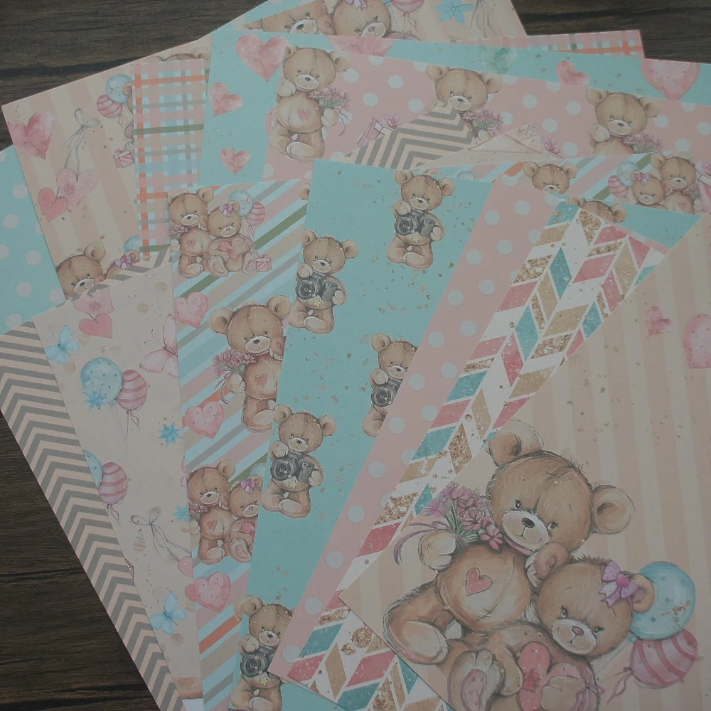 

24 Sheets DIY 12 Bear Doll with Pink Heart Theme Craft Paper Scrapbooking Creative Paper DIY Handmade Gift Use