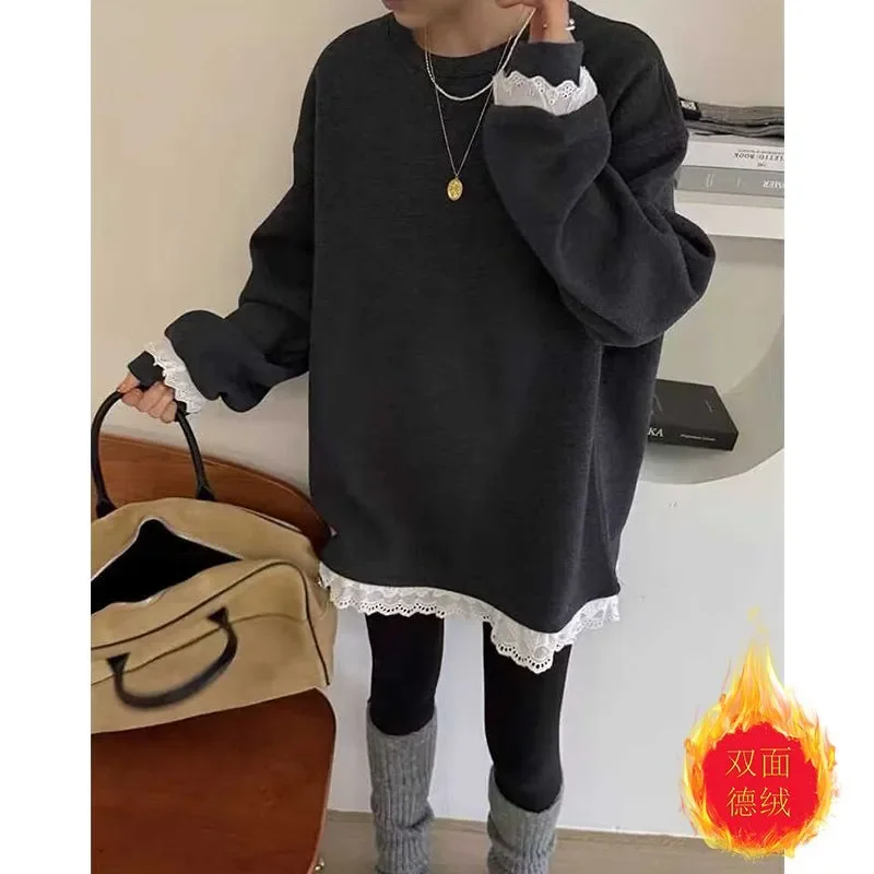 Loose and Grinding German Velvet Lace Casual Mid-length Long-sleeved T-shirt Women's Base Shirt Top