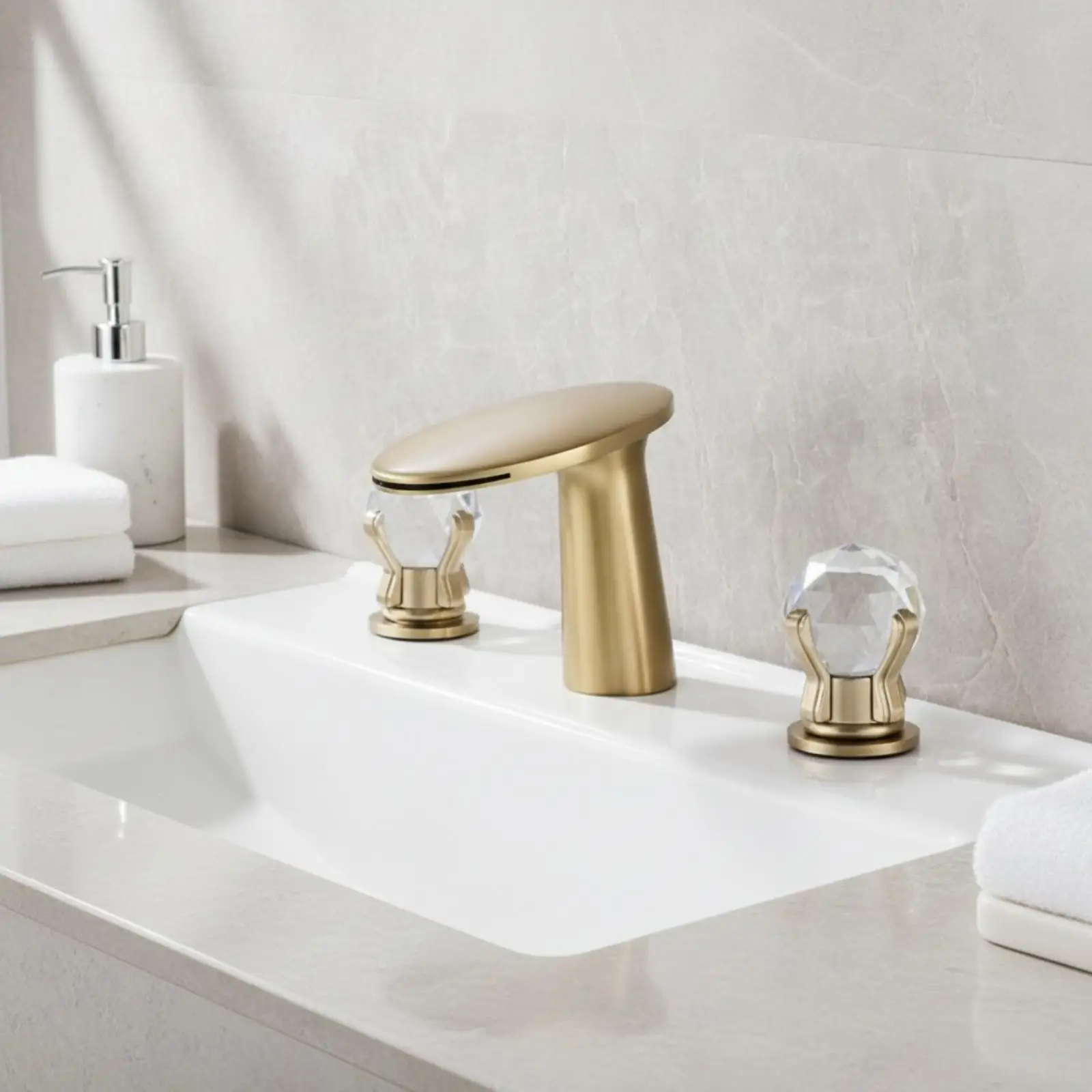 Gold Luxury Waterfall Basin Faucet Copper Body with Crystal Handles Three Hole Split Design for Bathroom Vanity Sink