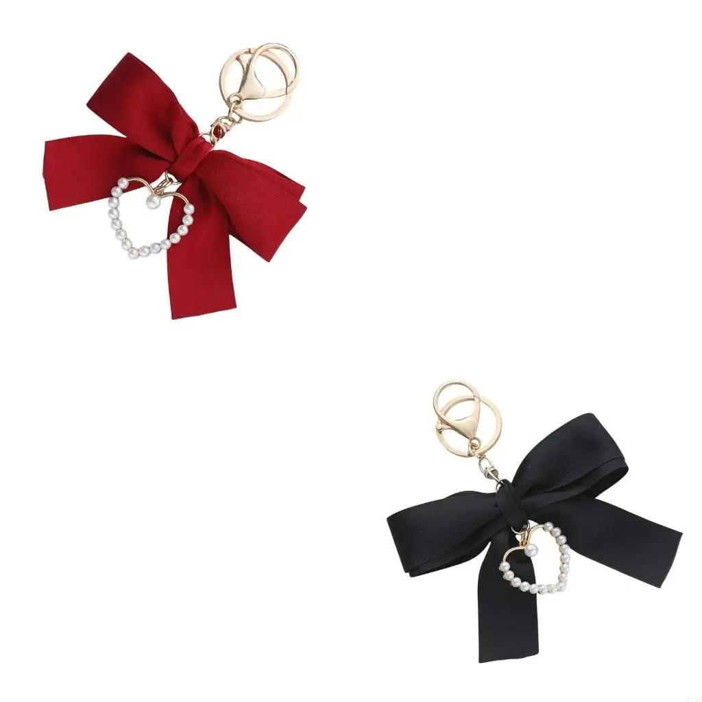 91AF Sophisticated Keychain With Pearls Heart And Ribbon Bowknot for Daily Wear Dates