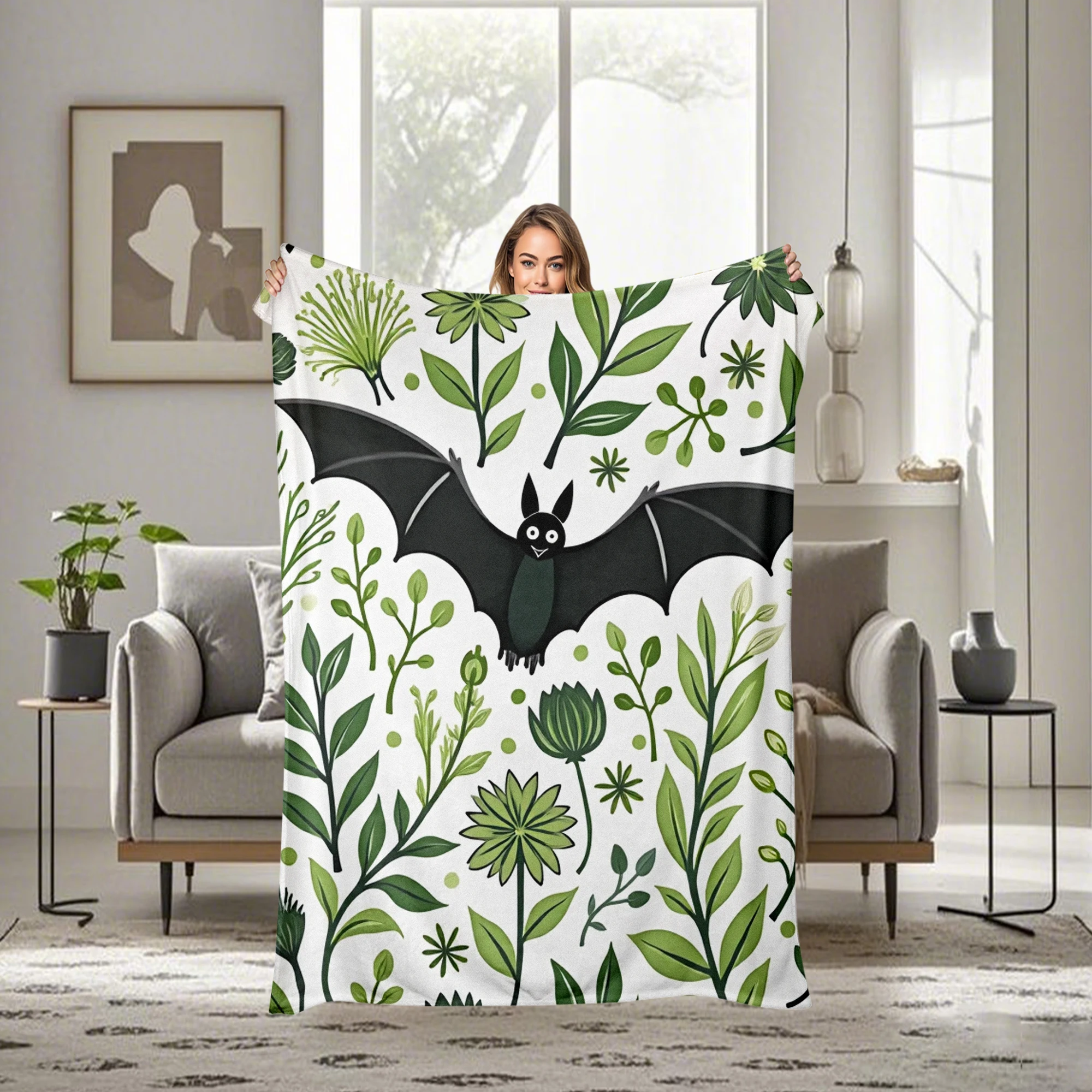 Black Bat & Green Vine Flannel Blanket - Soft 280 GSM Suitable for All-Season Cozy Throw, Machine Washable Bedspread with Delicate Vine Pattern, Luxury Bedding for Living Room or, Ideal Gift for Nature Lovers (Bat & Foliage)
