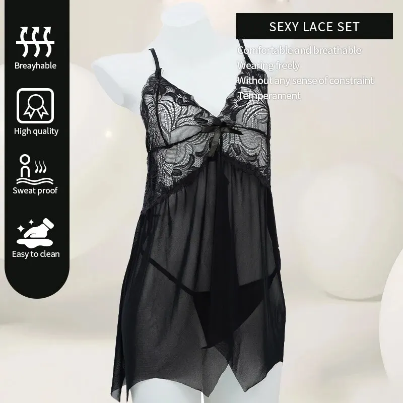 Women\'s Deep V New Fashion Selling Sexy Lace Perspective Dress Women Lace Sexy Baby Doll Nightwear Dress