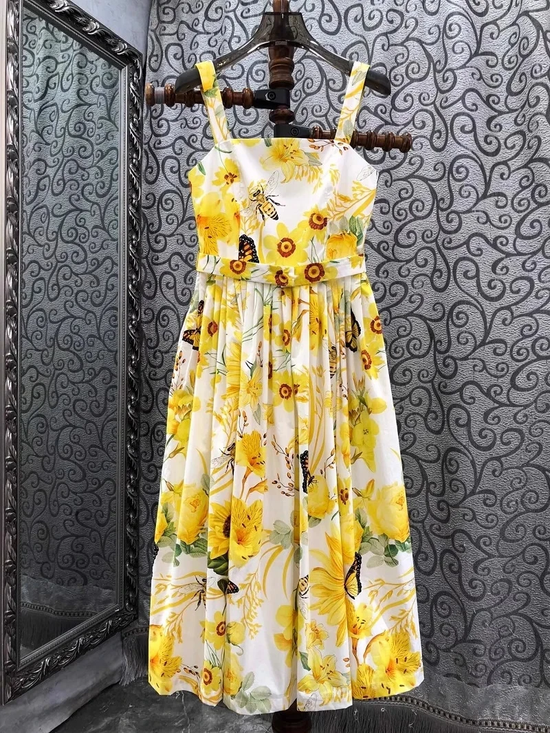 

100%Cotton Dress 2024 Summer Fashion Ladies Spaghetti Strap Colorful Flower Prints Pocket Patchwork Sleeveless Midi Yellow Dress