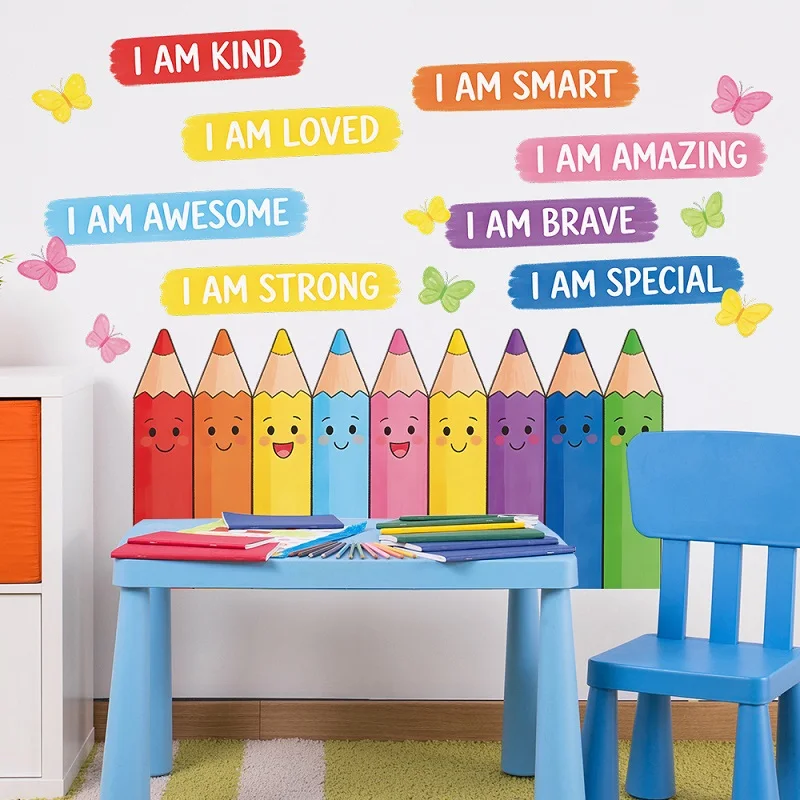 Back To School Cartoon Coloured Pencil Wall Decals for Living Rooms Student Accommodation English Slang Wall Sticker