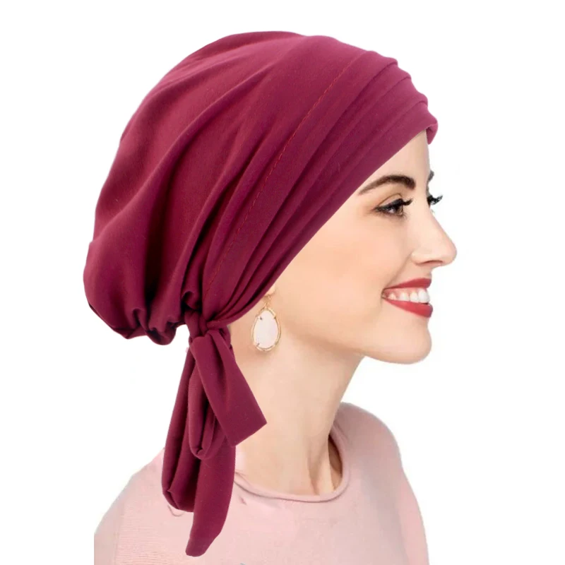 New Women Solid Color Pleated Long Tail Turban Hat Cotton Pre-tied Back Ramadan Chemo Hat Elegant Elastic Breathable Head Cap