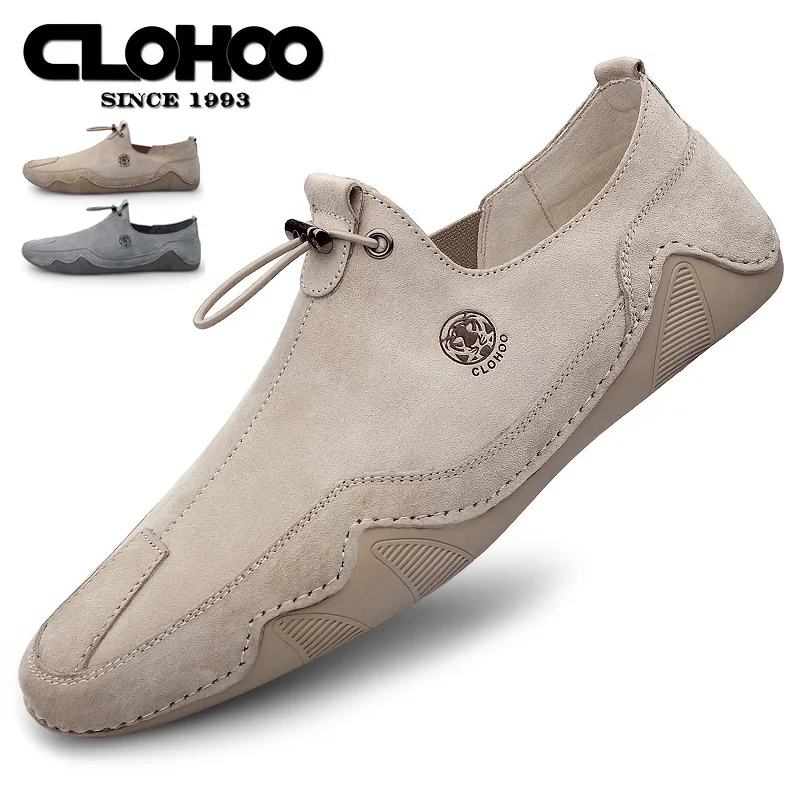 CLOHOO-zapatos planos antideslizantes para hombre, calzado ligero y transpirable, de cuero genuino, suela suave, para conducir, para exteriores