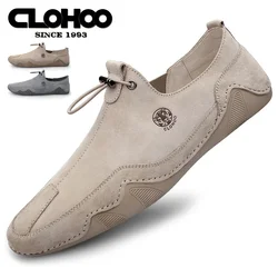 CLOHOO Breathable Light Anti-slip Outdoor Flat Shoes for Men Casual Driving Shoes Genuine Leather Boat Shoes Soft Sole Footwear