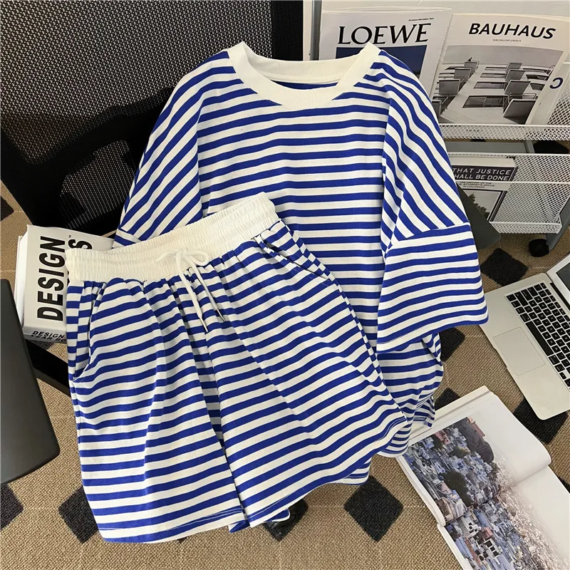 Home Wear Preppy Style Women Two Pieces Set Loose Blue Green Black Striped Top Elastic Waist Wide Leg Shorts Sport Sets Summer