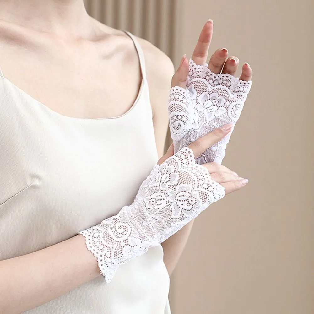 Summer Thin Style Half-finger Gloves UV Protection Breathable Mesh Lace Gloves Elasticity Sun Protection Gloves Driving Riding