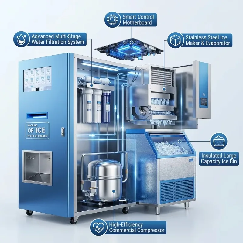 Commercial Ice Kiosk Vending Machine LED Display Auto Clean Multiple Payment Remote Monitoring Cloud Management