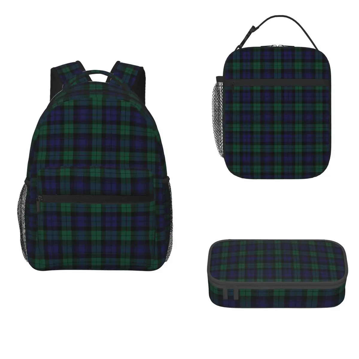 Blackwatch Tartan Modern Blue And Green Plaid Backpacks Bookbag Children School Bags Rucksack Lunch Bag Pen Bag Three-Piece Set