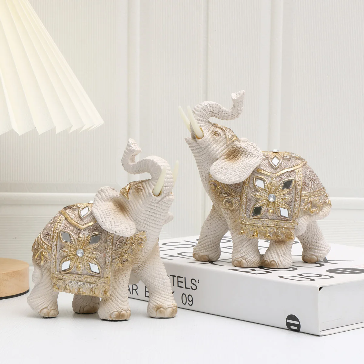 Exquisite White Elephant Figurine with Ornate Gold & Silver Embellishments, Resin Sculpture for Home Decor & Gifts