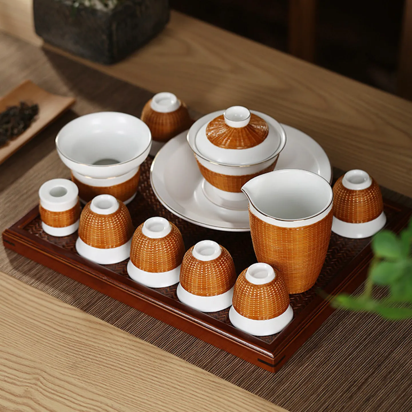 2026 new bamboo silk buckle porcelain bamboo woven tea set white porcelain set tea cup tea set ceramic
