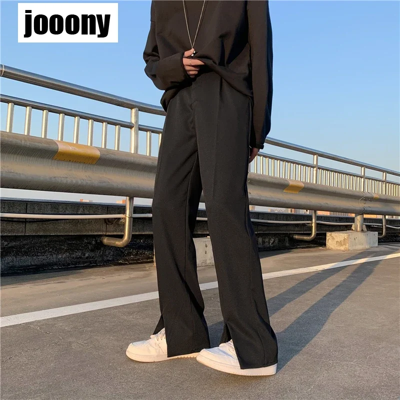 ربيع صيف جديد بلون عادية سبليت Pantssuit بنطال ذو قصة أرجل واسعة رجالي ترهل مستقيم أنبوب السراويل فضفاضة بسيطة التنقل الرياح