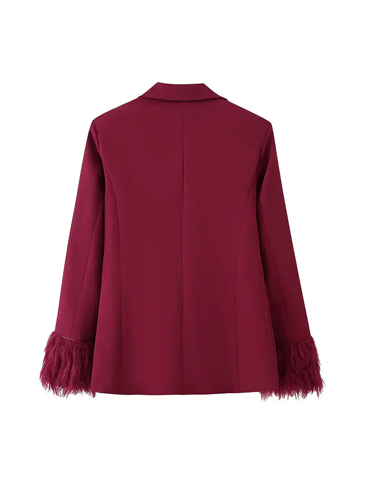 NLZGMSJ Women Loose Blazer Set 2025 Autumn Long Sleeve Feathers Cuff Office Lady Suit Jacket Female Casual Party 2-piece Set Y2K