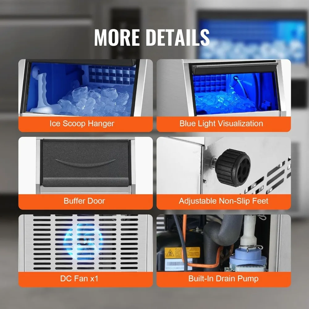 HAOYUNMA  Commercial Ice Maker 90-100LBS/24H Stainless Steel Construction,Automatic Operation,Clear Cube for Home Bar