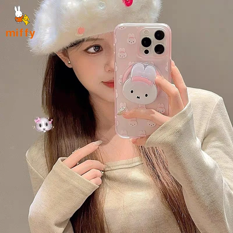 Cute Miffy Pink Rabbit Phone Case for IPhone 16 15 14 Magnetic Pop Socket Holder Shockproof Translucent Cartoon Cover Fans Gifts - view 3