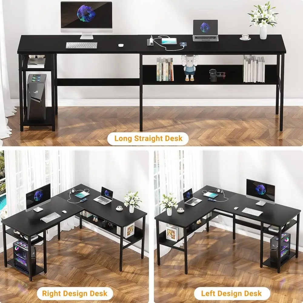 Reversible L Shaped Computer Desk with Magic Power Outlet, Sturdy Office Corner Desk, L Shape Gaming Table with Storage Shelf, B