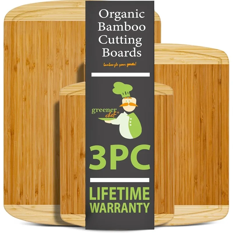 

Organic Bamboo Cutting Board Set of 3 with Lifetime Replacements - Wood Cutting Board Set with Juice Groove - Woode