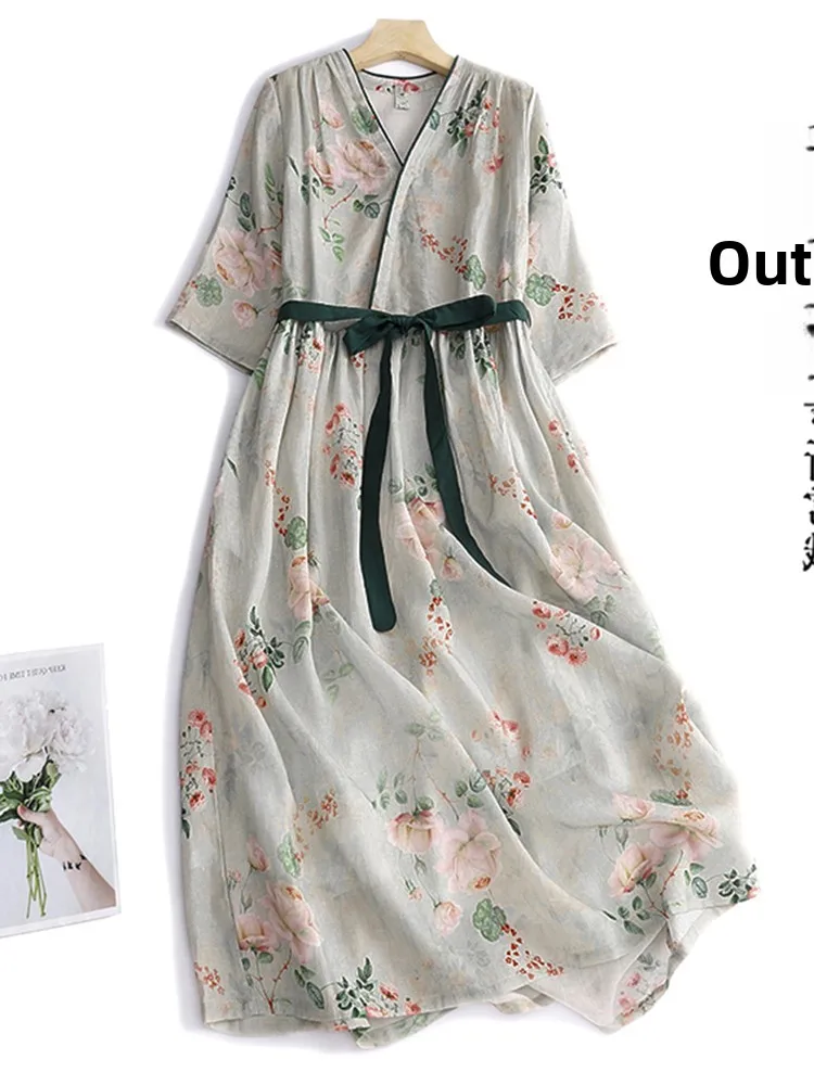 فستان صيفي طويل بدون أكمام من الكتان بنقشة زهور عتيقة، فضفاض ونحيف بياقة على شكل V وخصر ضيق وتنورة واسعة بخصر مرتفع