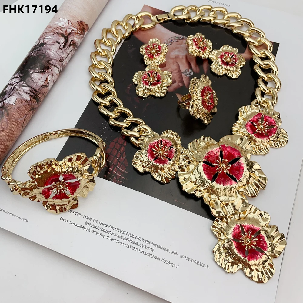 Italy Gold Plated Women Jewelry Set Classic Design Flower Necklace Earring Bracelet And Ring 4PCS Set Jewelry FHK17194