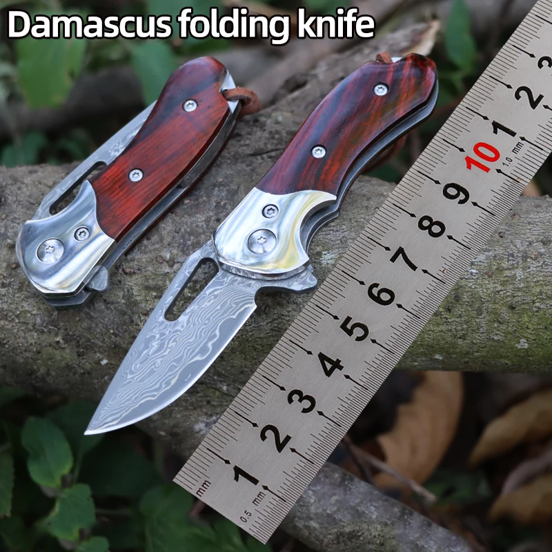 Free Wolf DM16 Damascus Folding Knife Wood Handle Flipper Ball Bearing Utility Outdoor Camping Hunting Fishing EDC Pocket Knife