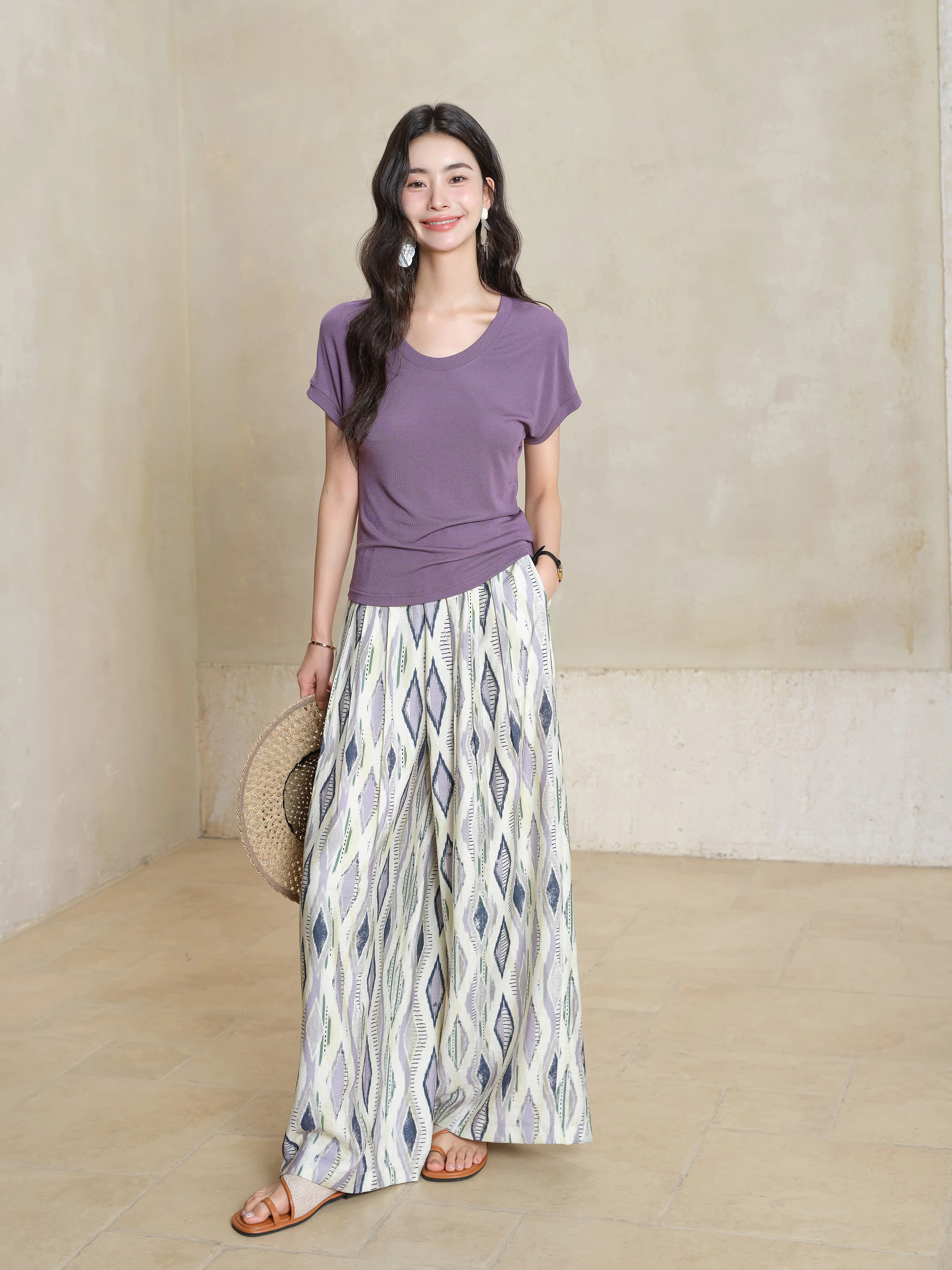 Vintage Loose Wide Leg Pants Women Summer Relaxed Trousers High Waist Resort Geometric Print Casual Flowing Long Palazzo Bottoms