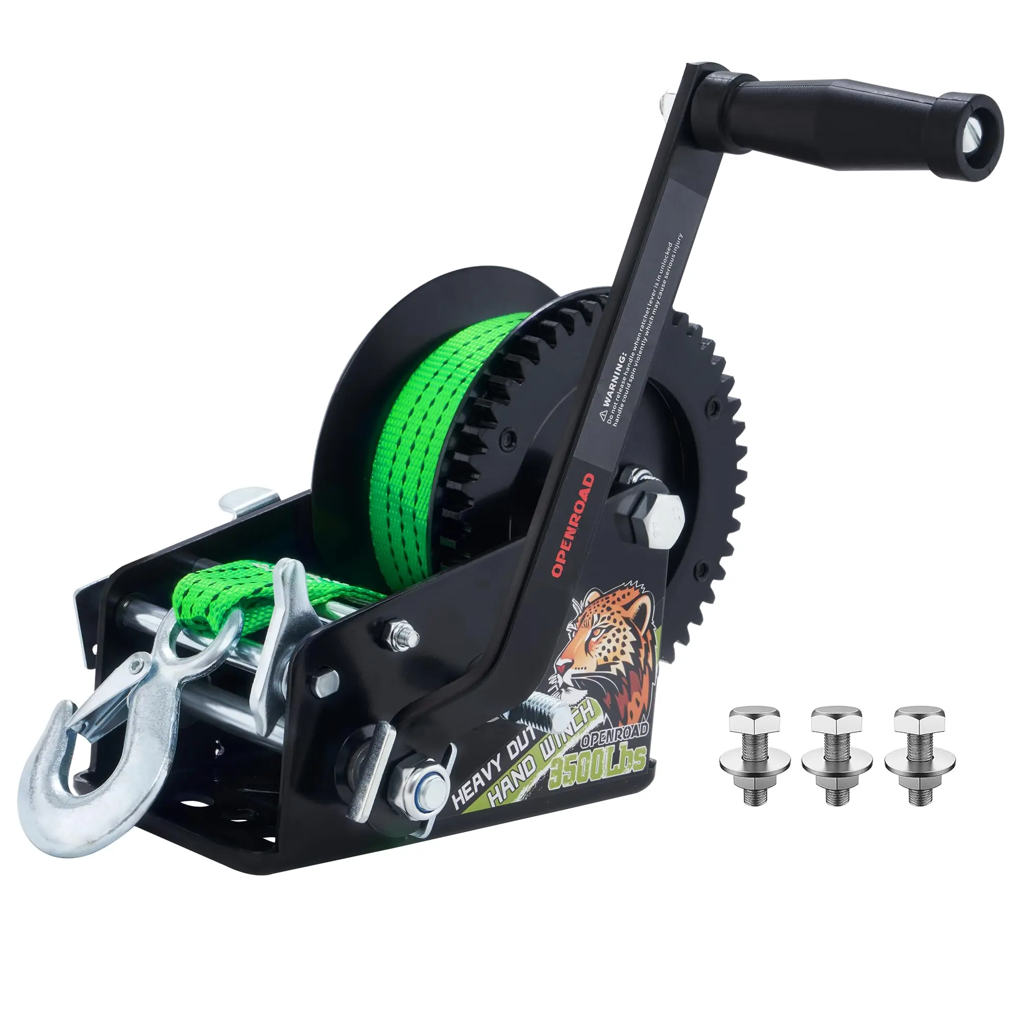 OPENROAD 3500LB Boat Trailer Winch, 32FT Green Strap, 2-Way Ratchet, 4:1/8:1 Gear, Hand Winch for Boat, Trailer, RV, ATV