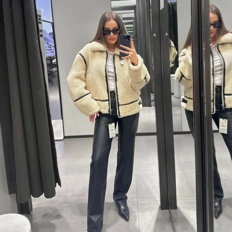 2023 Autumn New Women\'s Wear European and American Style Casual Fur One Piece Lamb Wool Contrast Color Plush Warm Jacket C