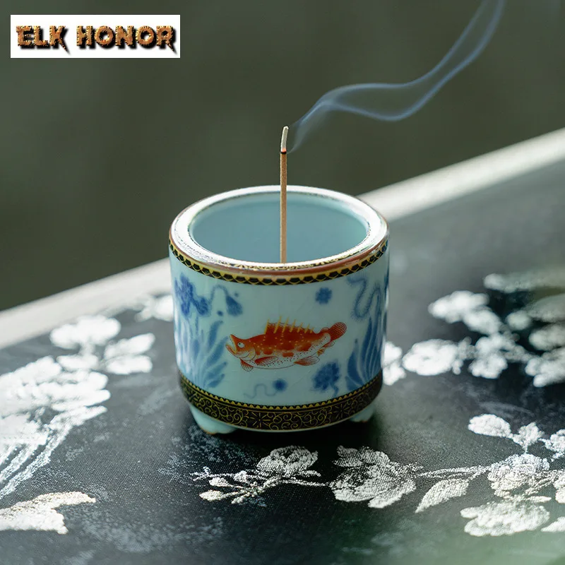 Azure Ru Kiln Hand Painted Fish Incense Holder Ancient Zen Garden Incense Burners Consecrate Censer Tea Items Decoration Craft