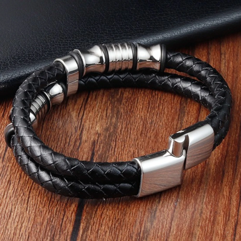 Doppelschichtige schwarze echtes Leder gewebte Armbänder Edelstahl Männer personalisierte High-End-Armreifen Modeschmuck – Detail 6