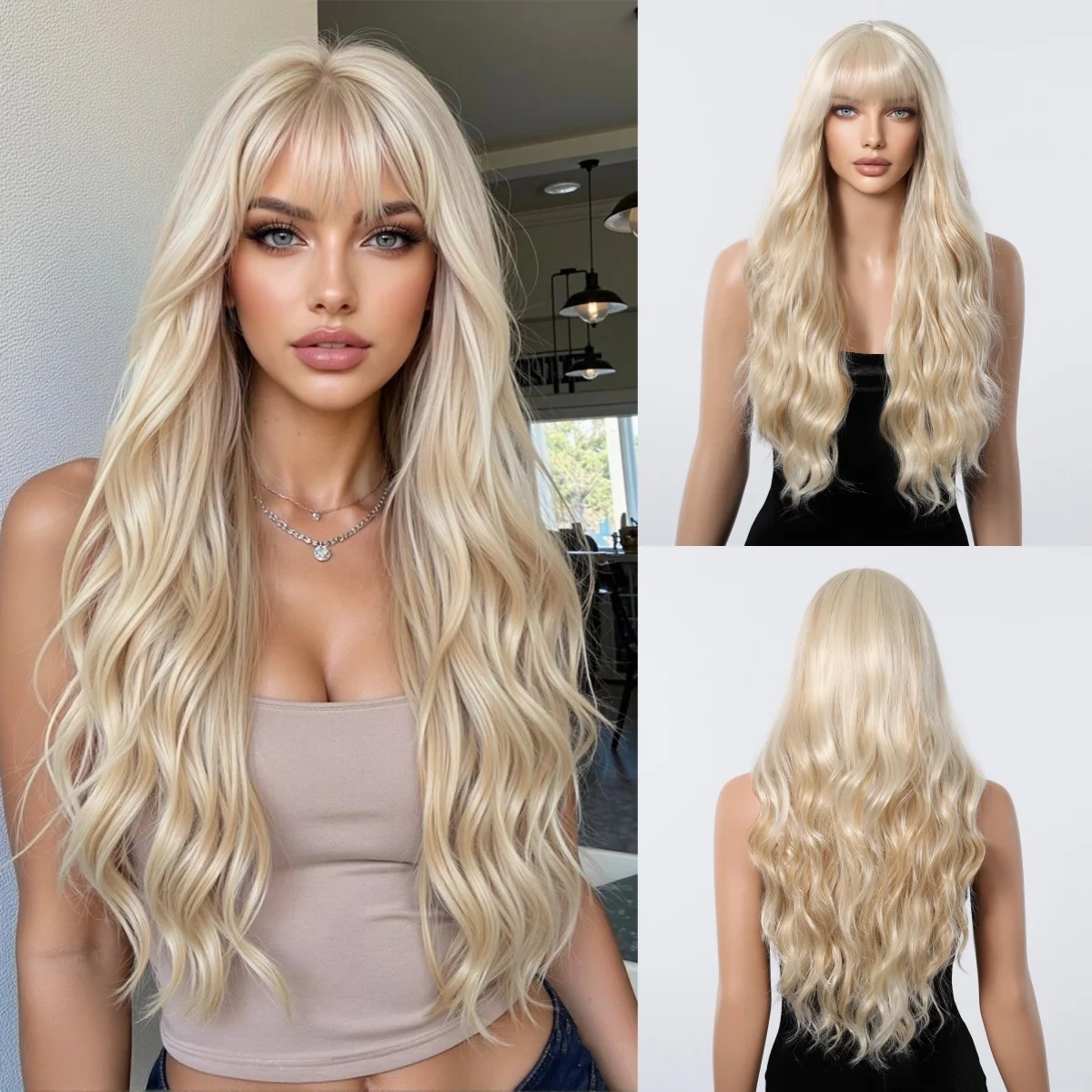 ALAN EATON Platinum Mixed Blonde Long Wavy Synthetic Wigs with Bangs Natural Wigs for Women Heat Resistant Fiber Daily Party Use