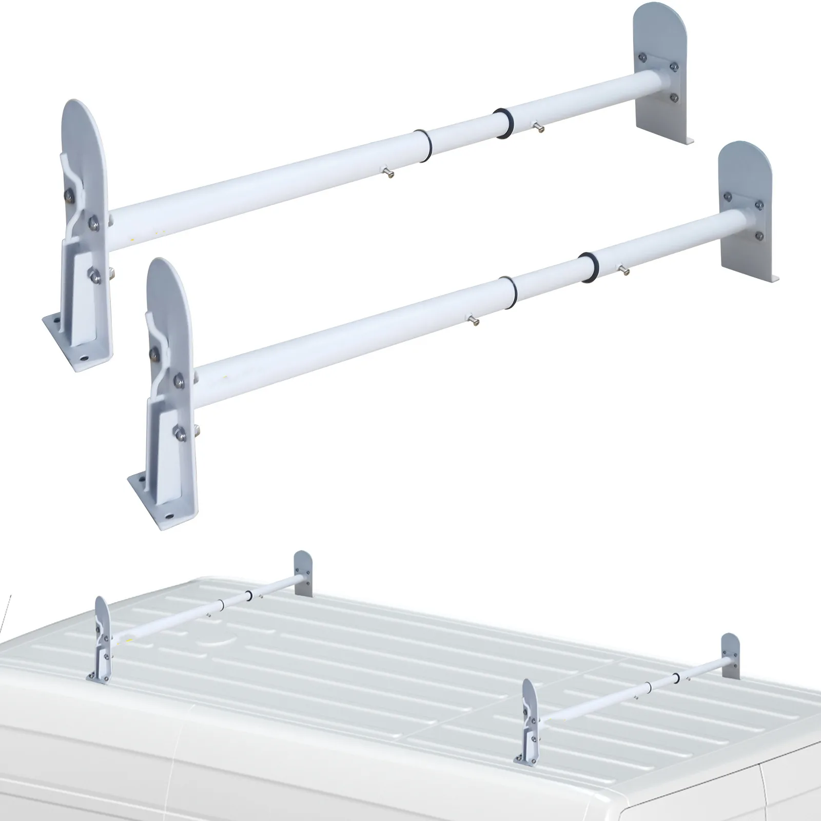 

SucceBuy Van Roof Ladder Rack 2 Bars 331 LBS Capacity 52"-63.8" Adjustable Steel Roof Rack Cross Bar with Ladder Stoppers White