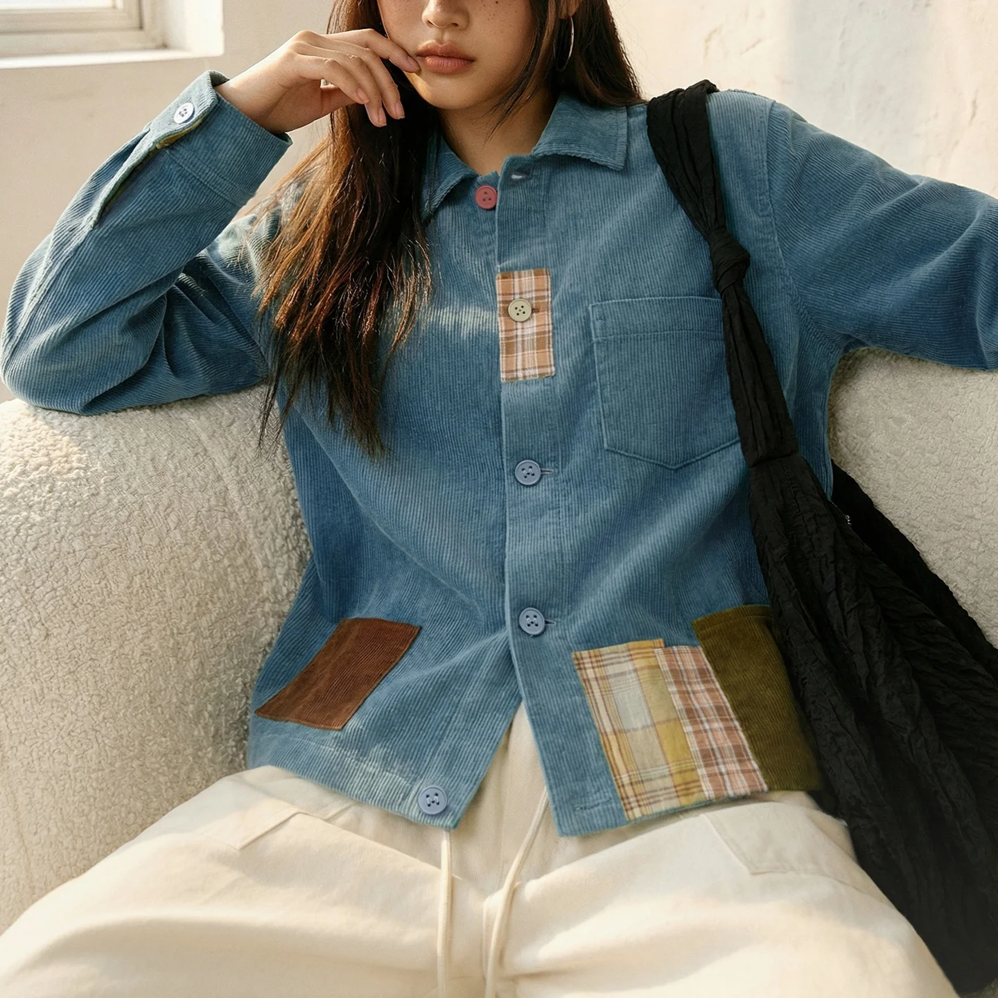 Women's Corduroy Shirt Jacket - Lake Blue Plaid Contrast Panels